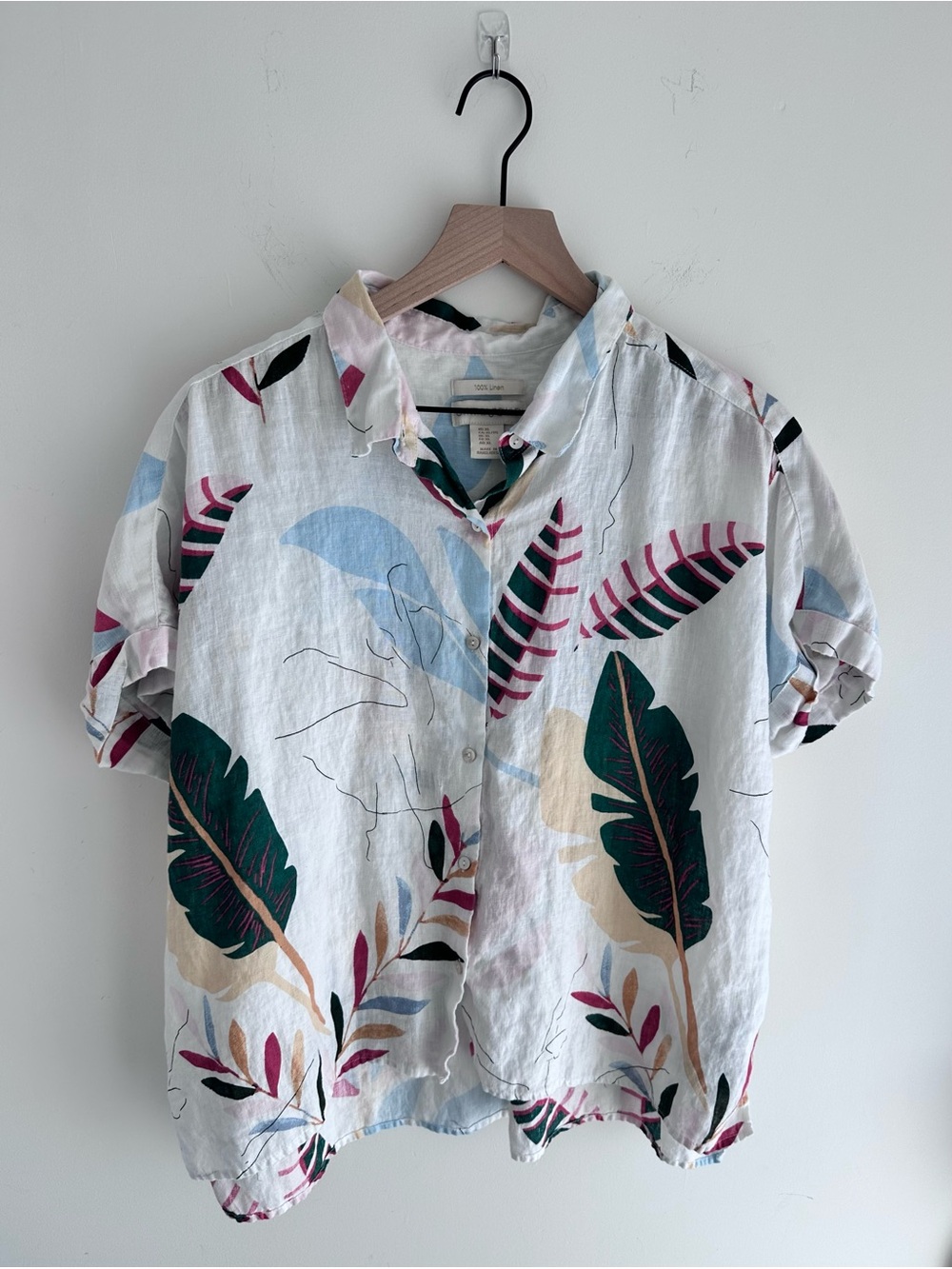 Cynthia Rowley 100% Linen White Button-Down Shirt with Tropical Print